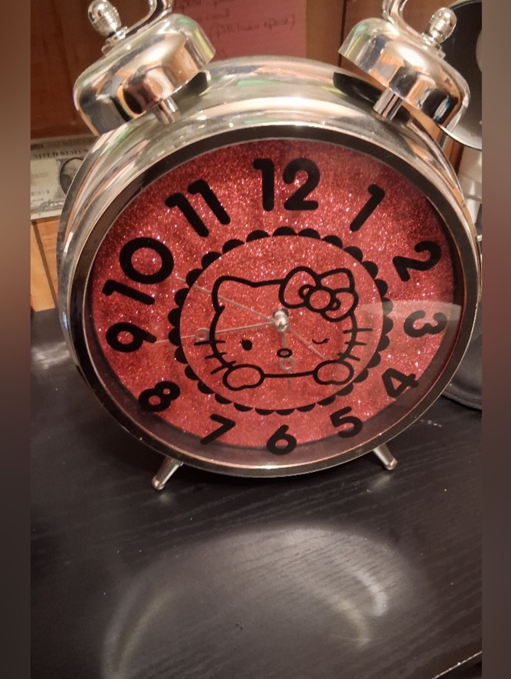Hello Kitty Pink Glitter Alarm Clock with Silver Case